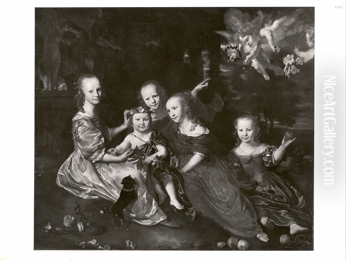 Die Geschwister, Portrat von funf Kindern in einer Landschaft mit Putten Oil Painting by Abraham Lambertsz van den Tempel