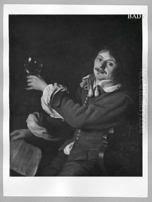 Trinker mit Weinglas, in der anderen Hand ein Notenblatt haltend Oil Painting by Jacob van Loo