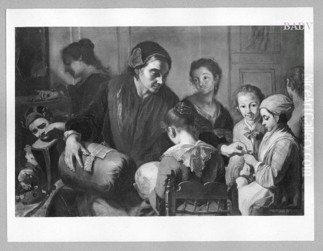 Women lace-working, 8 figures Oil Painting by Gaspare Traversi