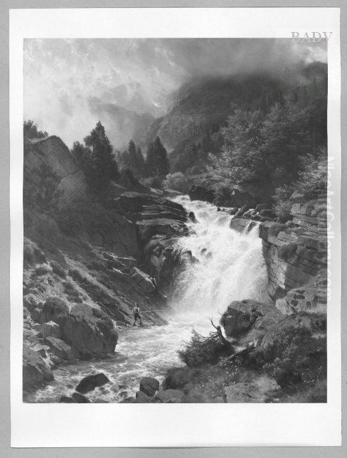 Wasserfall in den bayerischen Alpen und Angler Oil Painting by Johann Gottfried Steffan