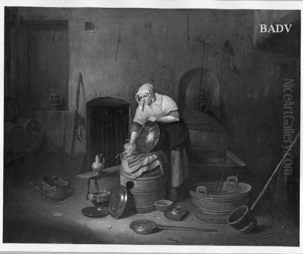 Magd im Keller mit Kuchengeraten Oil Painting by Balthasar Van Den Bossche