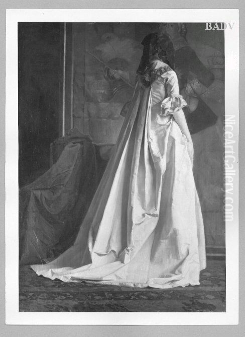 Lady in white dress with cavalier Oil Painting by Karl Gussow