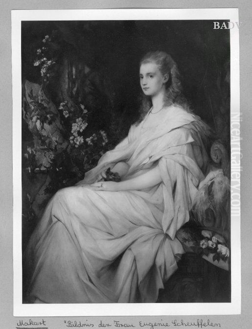 Portrait of a lady in a white dress ( Eugenie Scheufelen) Oil Painting by Hans Makart
