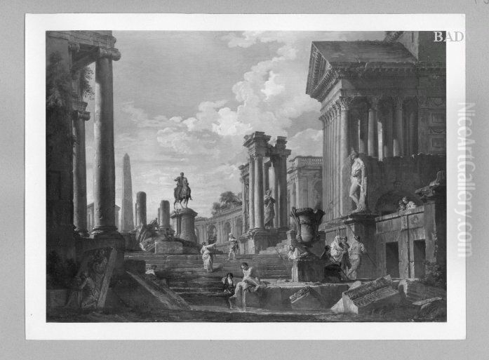 Architekturbild, Reiterstatue inmitten von Ruinen und Staffage Oil Painting by Giovanni Paolo Panini