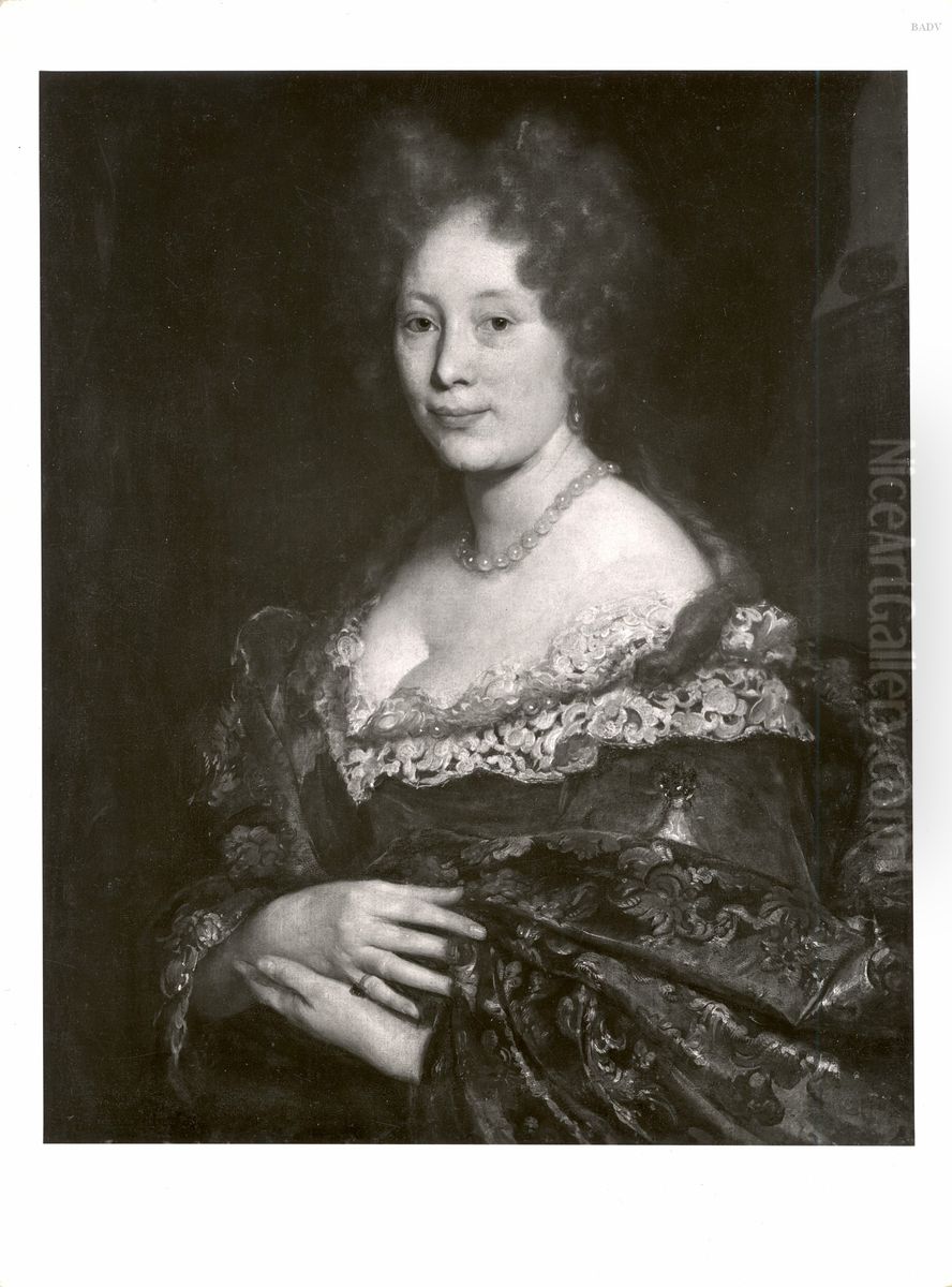 Brustbild einer Dame im Spitzenkleid und blauem Umhang Oil Painting by Caspar Netscher