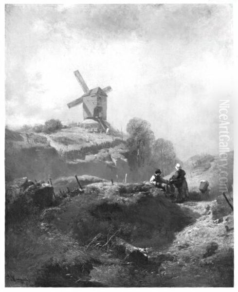 Landschaft mit Windmuhle und Paar im Vordergrund Oil Painting by Charles Hoguet