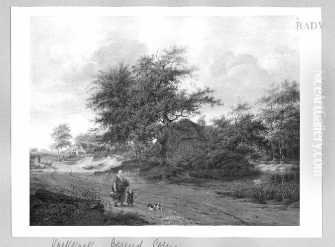 Sreet in a Dutch village with women and child Oil Painting by Barend Cornelis Koekkoek