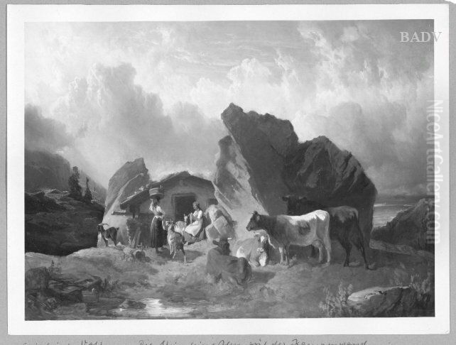 Die Steinlein-Alm auf der Kampenwand Oil Painting by Friedrich Voltz