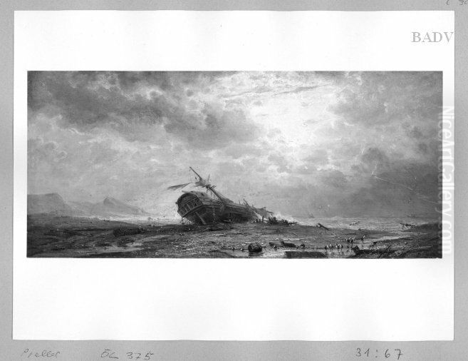 Kustenlandschaft mit gestrandetem Segelschiff Oil Painting by Friedrich Preller the Elder