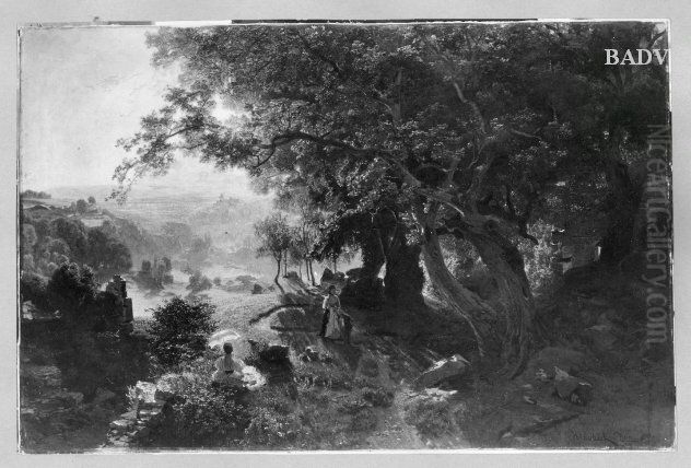 Landscape with Kreuzenstein castle Oil Painting by Anton Hlavacek