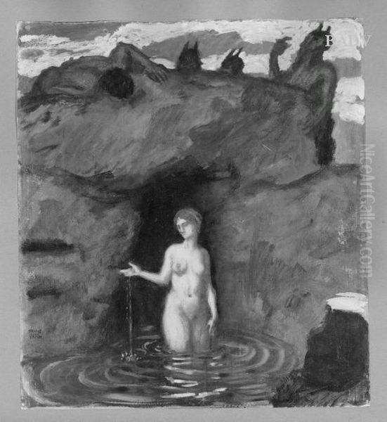 Badende Nymphe vom Faun belauscht Oil Painting by Franz Stuck