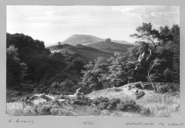 Waldige Hugellandschaft mit erlegtem Hirsch im Vordergrund Oil Painting by August Bromeis