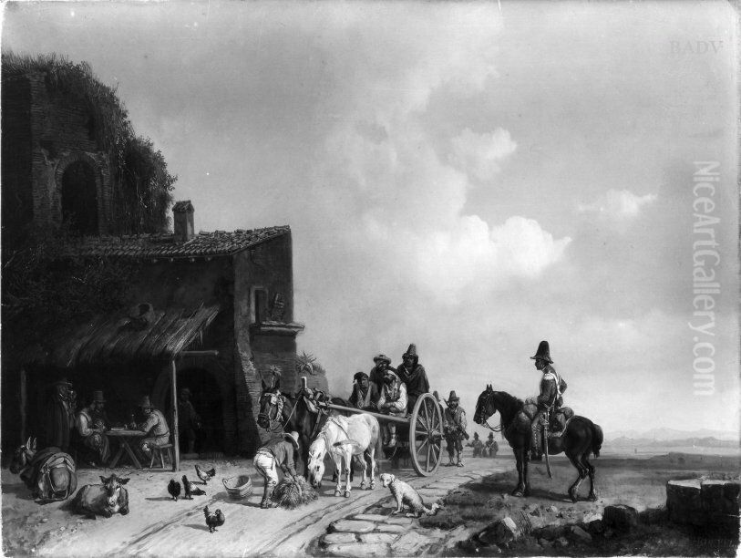 Gefangene auf einem Karren vor einer italienischen Schenke Oil Painting by Heinrich Burkel