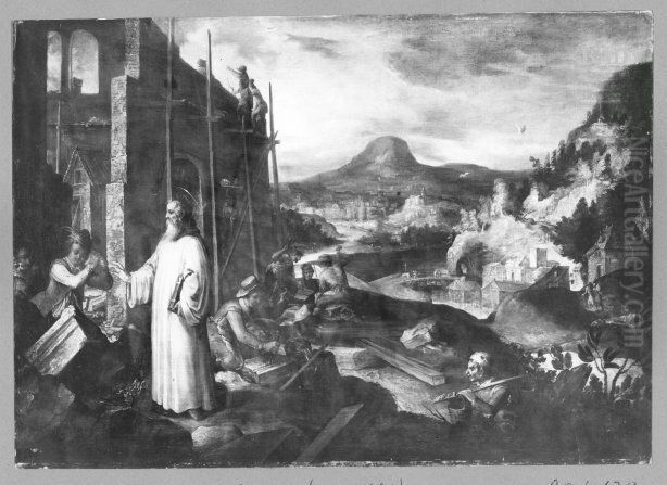 Scene of the legend of S. Benedict (building of a church) Oil Painting by Maerten De Vos