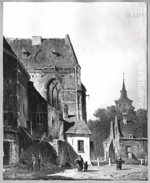 Houses at church Oil Painting by Adrianus Eversen