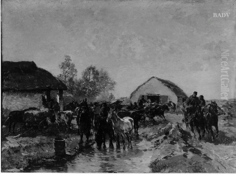 Bauernfuhrwerke und Pferde an der Tranke Oil Painting by Gregor Von Bochmann