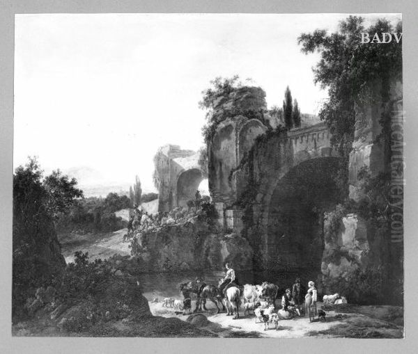 Klassische Landschaft mit Ruinen und Staffage Oil Painting by Nicolaes Pieterszoon Berchem