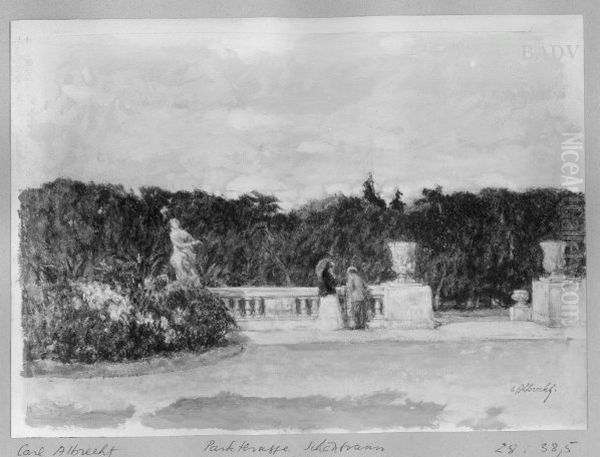 Parkterrasse mit Blumenbeet und zwei Personen Oil Painting by Carl Albrecht