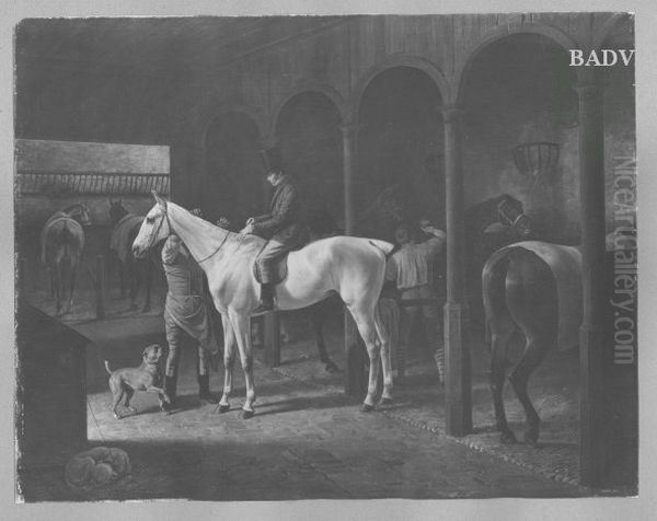 Horse-stable, gentleman in horse-back Oil Painting by Franz Kruger