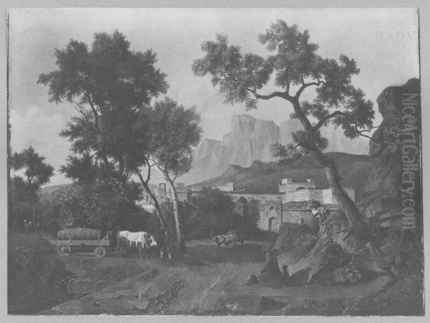 Italienische Landschaft mit zwei Ochsengespannen Oil Painting by Jan Hackaert