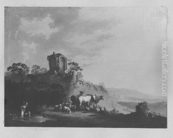 landscape with ruins, cattle and peasants Oil Painting by Christian Wilhelm Ernst Dietrich