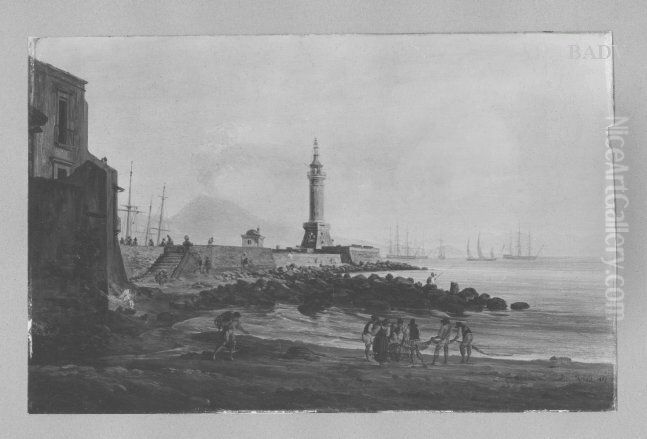 Italienische Kustenlandschaft mit Leuchtturm und Staffage (bei Pozzuoli, im Hintergrund der Vesuv) Oil Painting by Josef Rebell