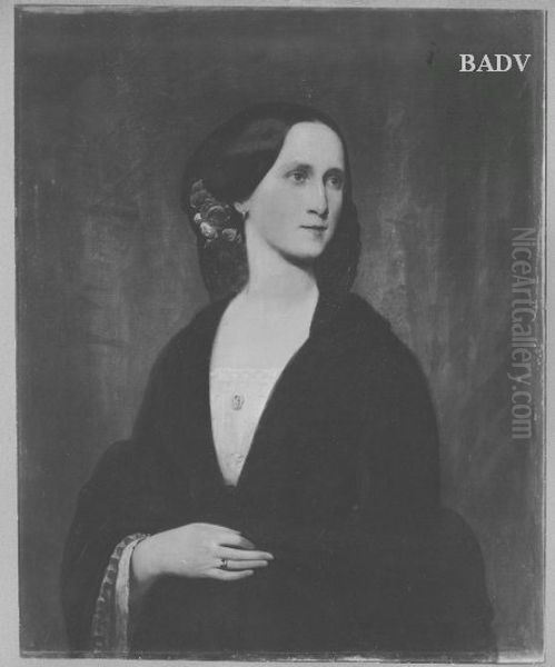 Bildnis einer Dame mit schwarzem Shawl und Rose im Haar Oil Painting by Karl von Piloty