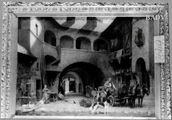 Old yard, carriage with barrels Oil Painting by Alois Schonn