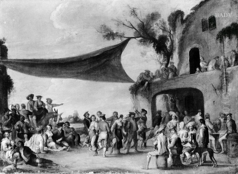 Trinkgelage und Tanz vor einem alten Wirtshaus (Jahrmarktszene) Oil Painting by Jean-Antoine Watteau