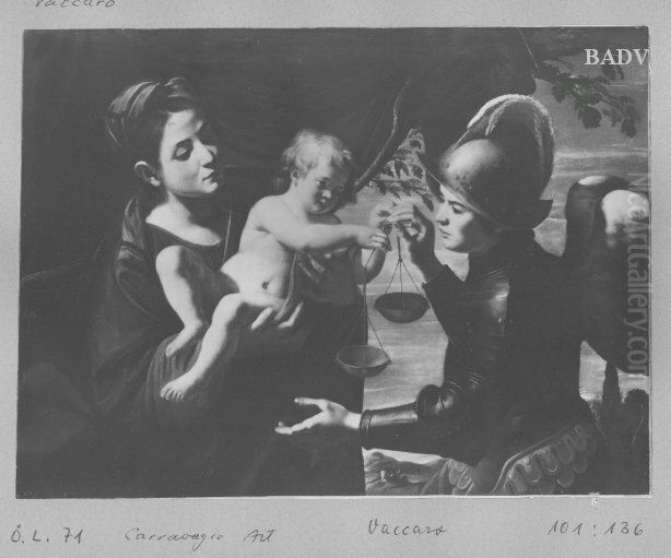 Mother of god and St. Michael with the balance Oil Painting by Andrea Vaccaro