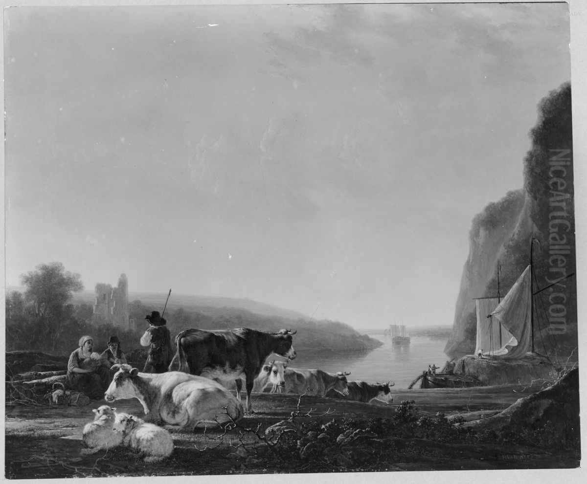 Dutch River landscape with cows Oil Painting by Jacob van Strij