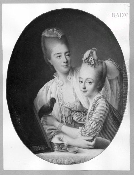 Lady with girl at a mirror Oil Painting by Francois-Hubert Drouais