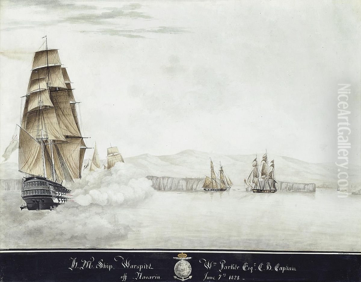 Warspite 
 Engaging Two Egyptian Corvettes At Navarino Oil Painting by Nicholas Cammillieri