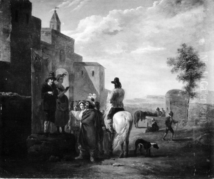 Bankelsangerpaar und Zuhorergruppe mit Reiter Oil Painting by Karel Dujardin