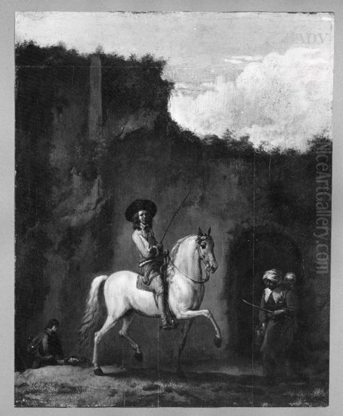 Reiter auf einem Schimmel vor einer alten Mauer Oil Painting by Philips Wouwerman