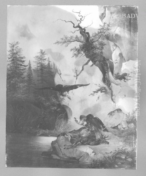 Zwei Adler bei einem verwundetem Hirsch Oil Painting by Friedrich Gauermann