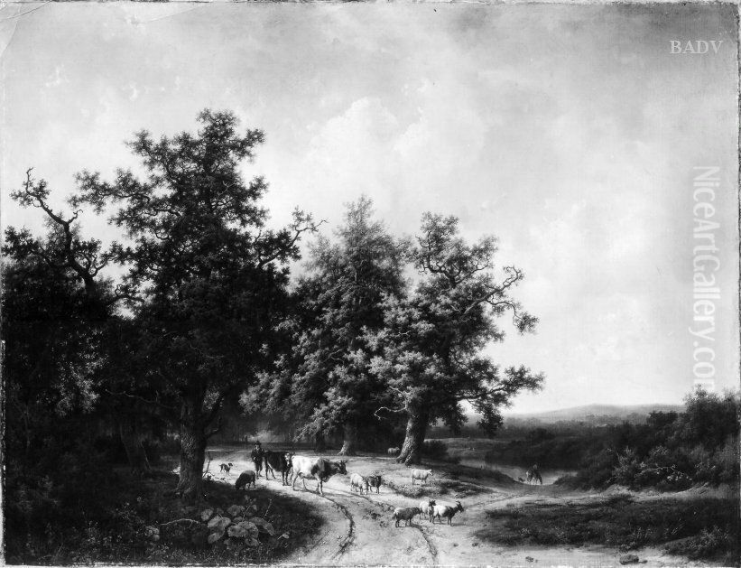 Strasse mit Eichen und Viehtreiber Oil Painting by Barend Cornelis Koekkoek