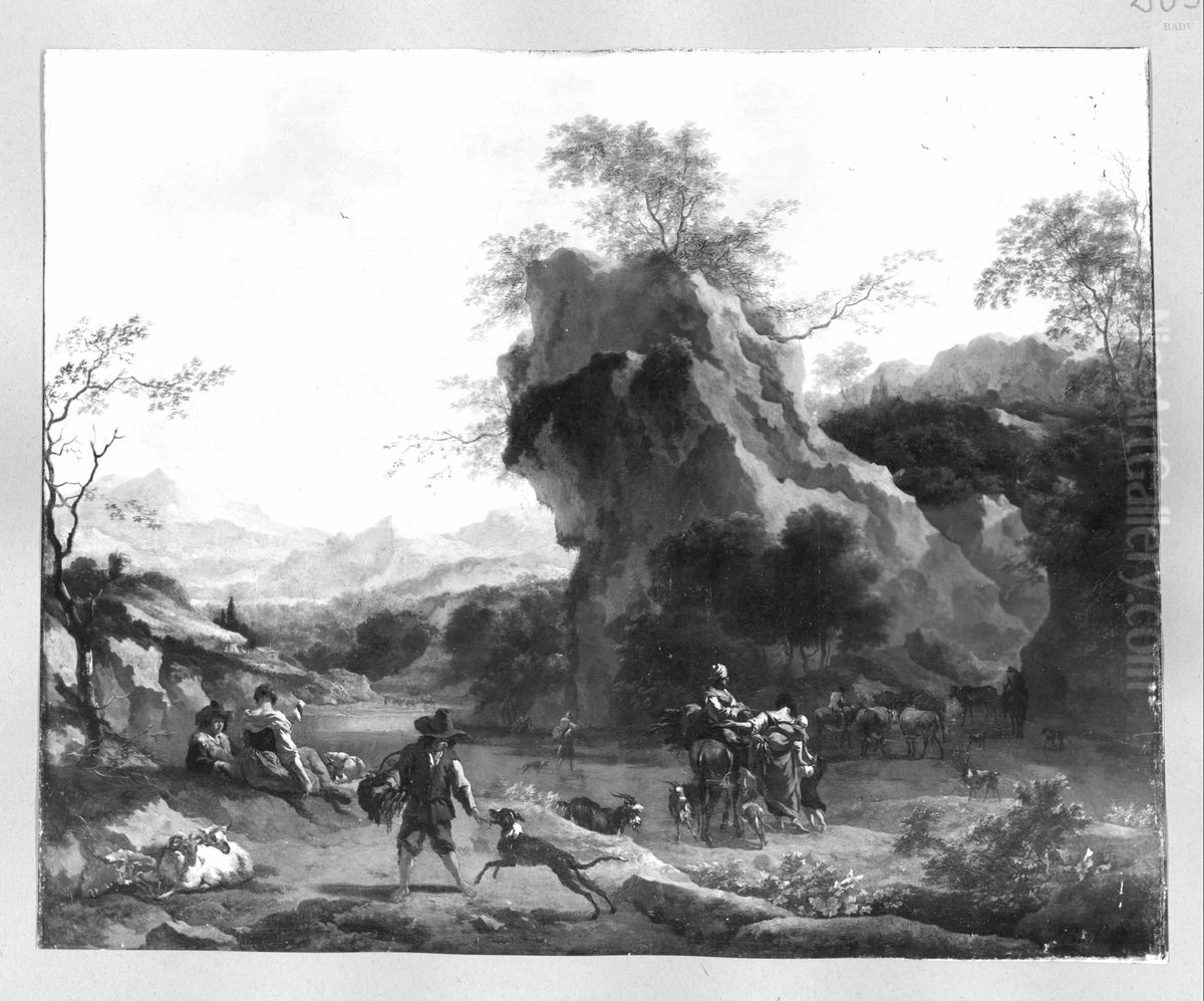 Rock-landscape, shepherd-staffage Oil Painting by Nicolaes Pieterszoon Berchem