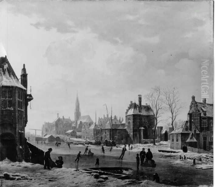 Eislauf auf dem Spaarne bei Haarlem Oil Painting by Bart van Hove