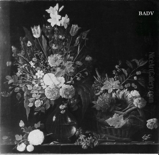 Grosses Blumenstuck, rechts Blumen und ein Kirschzweig in einem Korb Oil Painting by Daniel Seghers