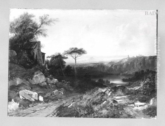 italian landscape with lake Oil Painting by Alexandre Calame