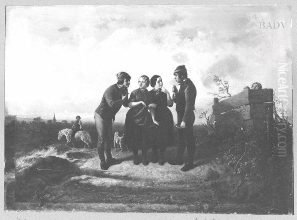 Zwei Liebespaare, zwei Burschen, die zwei Madchen einen Antrag machen Oil Painting by Theodor Hosemann