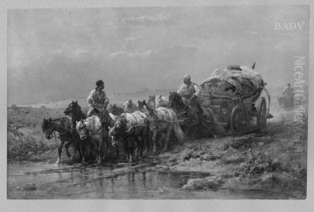 Pferdefuhrwerk in der Walachei Oil Painting by Adolf Schreyer