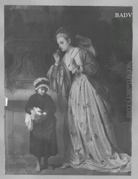 Dame und Blumenmadchen Oil Painting by Claudius Schraudolph