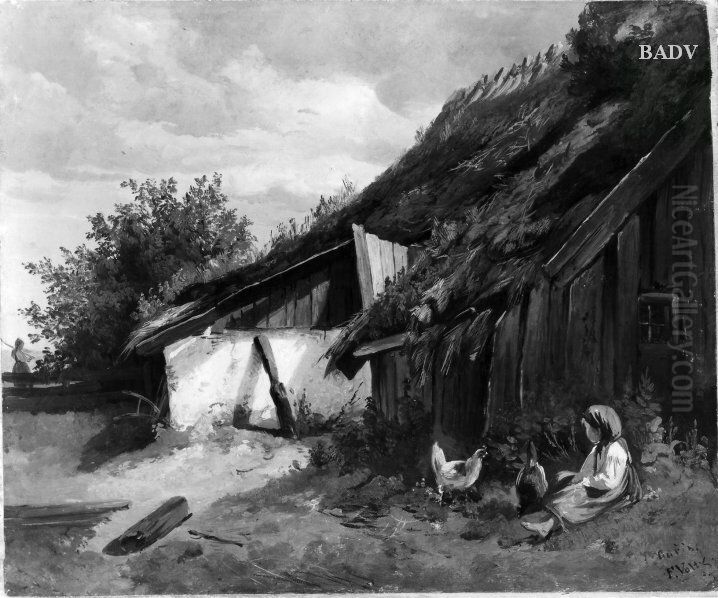 Schuppen in Aubing mit Staffage Oil Painting by Friedrich Voltz