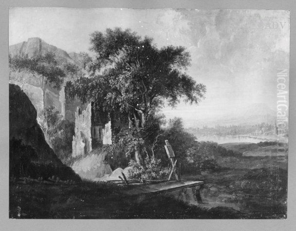 Italienische Landschaft mit Ruine im Vordergrund Oil Painting by Johann Sebastian Bach