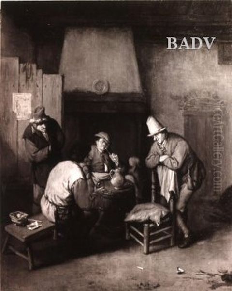 Vier trinkende und rauchende Bauern, hinten am Kamin eine Frau Oil Painting by Adriaen van Ostade