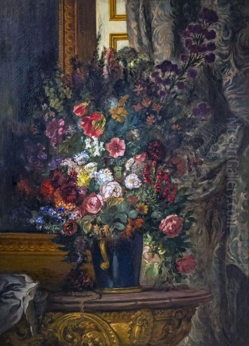 Vase of flowers at the consoleFrancais:Vase de fleurs a la consoleItaliano:Vaso di fiori alla consolle Oil Painting by Eugene Delacroix