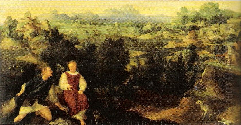 Landscape with Tobias and the angel Oil Painting by Jan Van Scorel