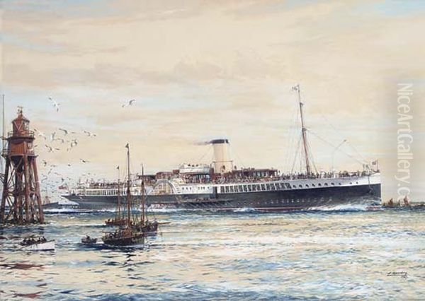 The paddle steamer Crested Eagle running down the Thames Estuary, her deck crowded with passengers Oil Painting by Jack Spurling